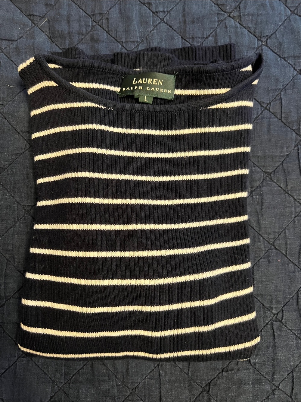 Lauren Ralph Lauren Navy and White Striped Ribbed Crewneck Sweater